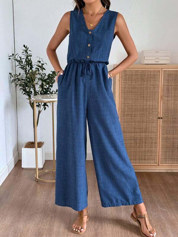 EMERY ROSE Women V-Neck Pocketed Sleeveless Casual Jumpsuit, Summer