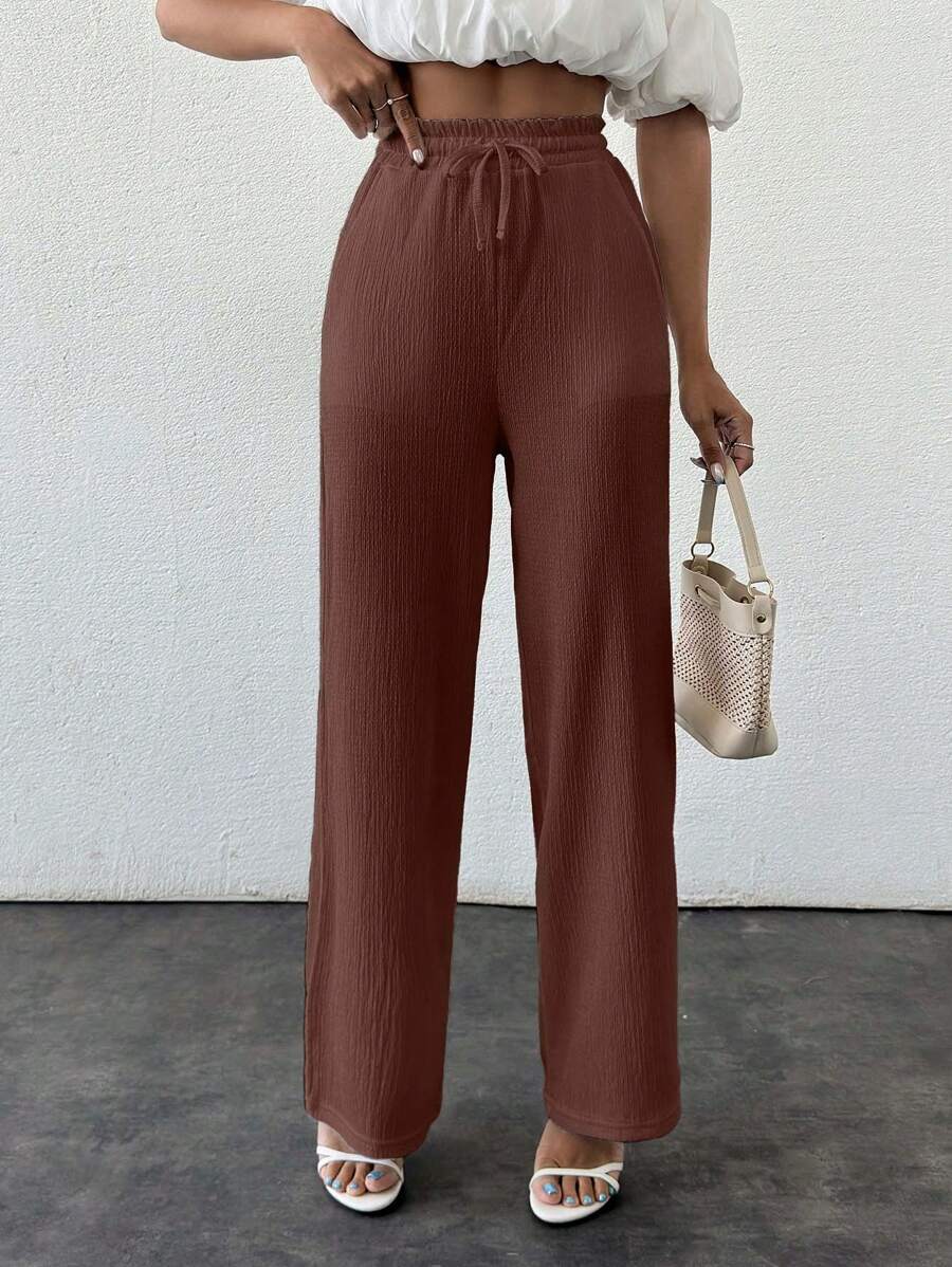 SHEIN Cottnline Autumn Solid Color Dark Brown High Waist Drawstring Waist Linen Look Wide Leg Pants Vacation Casual ,Petite Women - Brown - View 1