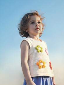 Baby Girl Summer Casual Korean Style Cute Round Neck Sleeveless Jacquard Floral Knit Top And Washed Denim Shorts - Multicolor - View 7