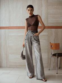 MOTF PREMIUM Jeans con bolsillos en sesgado con detalles de strass - Gris Oscuro - Ver 6