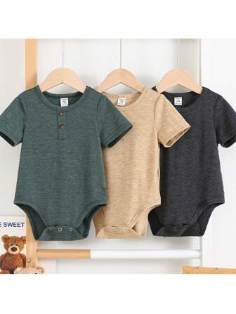 Loomiva 3pcs Baby Boy/Girl Casual All-Match Versatile Minimalist Comfortable Loose Fit Round Neck Short Sleeve Knit Bodysuit, Suitable For Spring/Summer Indoor & Outdoor