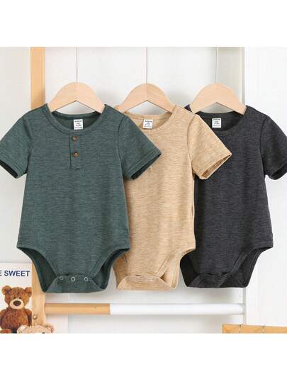 Loomiva 3pcs Baby Boy/Girl Casual All-Match Versatile Minimalist Comfortable Loose Fit Round Neck Short Sleeve Knit Bodysuit, Suitable For Spring/Summer Indoor & Outdoor