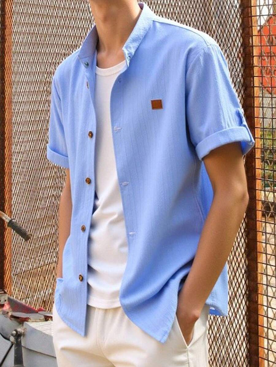 SHEIN 青少年男孩宽松立领短袖衬衫和短裤 2 件套