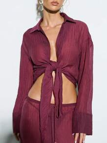 KIZN Sheer Crinkle Texture Tie Front Long Sleeve Blouse Resort Beach Cover Up Summer Lightweight Collared Button Down Vacation Holiday Top - Burgundy - View 4