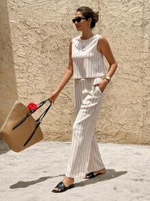 SHEIN Frenchy Women's Striped Crew Neck Sleeveless Top And Shorts 2 Pieces Set, Casual For Summer