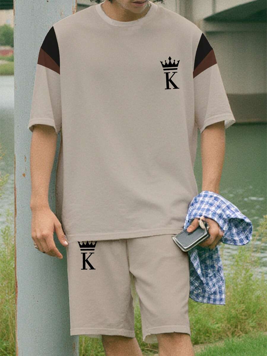 SHEIN Leap Crew 2pcs/Set Boy Casual Chic Black,Summer,Street Life Casual Graphic Street Fashion King & Crown Icon Colorblock Tee Shirt & Shorts Set,Outdoor,Picnic - Multicolor - View 1