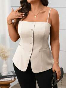 Vionelle Plus Size Women's Elegant Beige Summer Festa Wedding Guest French Style Front Button Slit Hem Camisole Top,Afternoon Tea Party Commuter Streetwear - Apricot - View 5