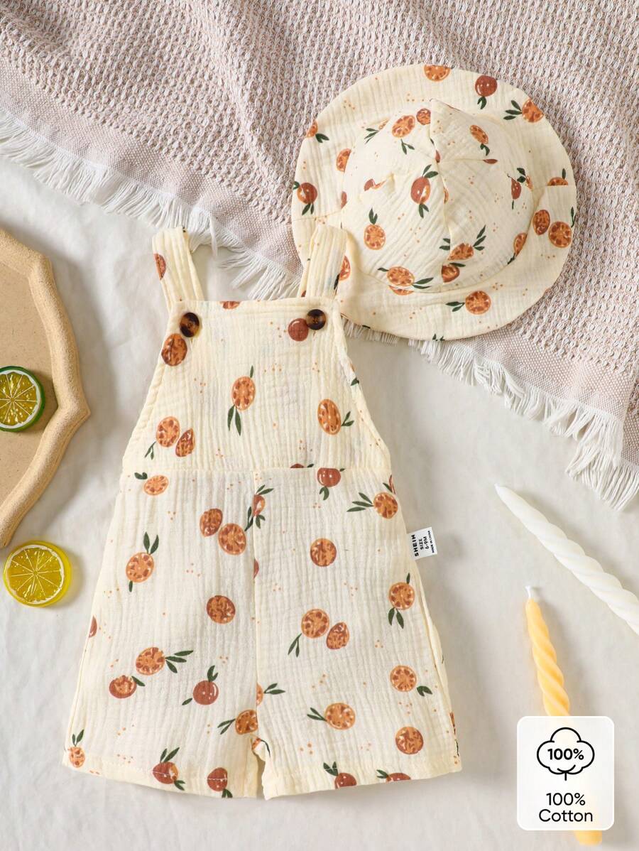 SHEIN Infant Fruit Print Sleeveless Romper Cotton Baby Clothes Baby Clothes Set Baby Clothes Sets Newborn Outfit Sets - Apricot - View 1
