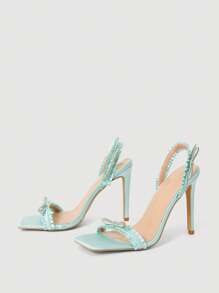 SheIn MOD Giày cao gót đế vuông đính đá và nơ đính kim cương giả Cuccoo dành cho nữ - Màu xanh nhạt - Xem 2