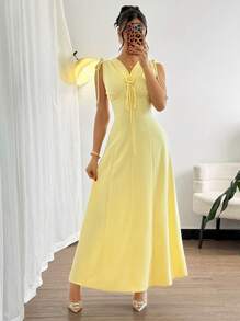 Modelyn 女式法式简约 V 领抽绳腰褶饰花裙，迷人优雅的夏季 - 黃色 - 查看 1