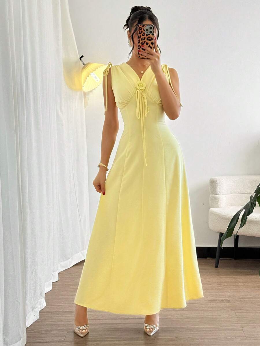 Modelyn 女式法式简约 V 领抽绳腰褶饰花裙，迷人优雅的夏季 - 黃色 - 查看 1