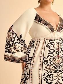 CAJUNI Vestido largo de estilo bohemio con estampado floral, cuello en V, de manga larga y holgado con calado para mujer de talla grande para vacaciones