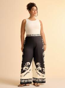 CAJUNI Plus Size Women's Boho Black & White Floral Print Straight Leg Casual Pants, Suitable For Beach/Holiday, Summer & Autumn - Multicolor - View 3