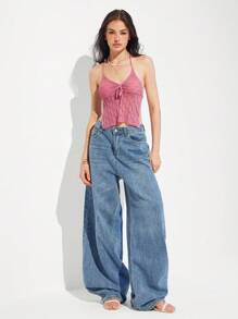 Roylia Áo len hở lưng hở lưng gợi cảm cho nữ có thiết kế nơ - Hồng - Xem 5