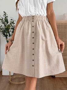 EMERY ROSE Chân váy chữ A in họa tiết sọc đơn giản cài nút phía trước dành cho nữ - Màu Khaki - Xem 3