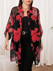 Reflora 大码女式花卉印花荷叶边袖长衬衫，休闲/度假风格