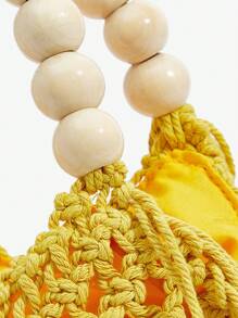 SHEIN SXY Túi xách tay hạt gỗ đan móc cho kỳ nghỉ hè của phụ nữ - Màu vàng - Xem 6