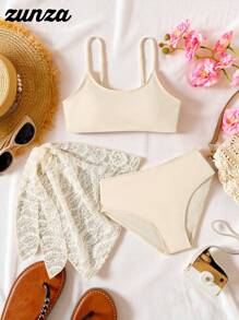 SHEIN Tween Girl Solid Spaghetti Strap Bikini Set, Cute Vacation Beach Swimwear Outfit