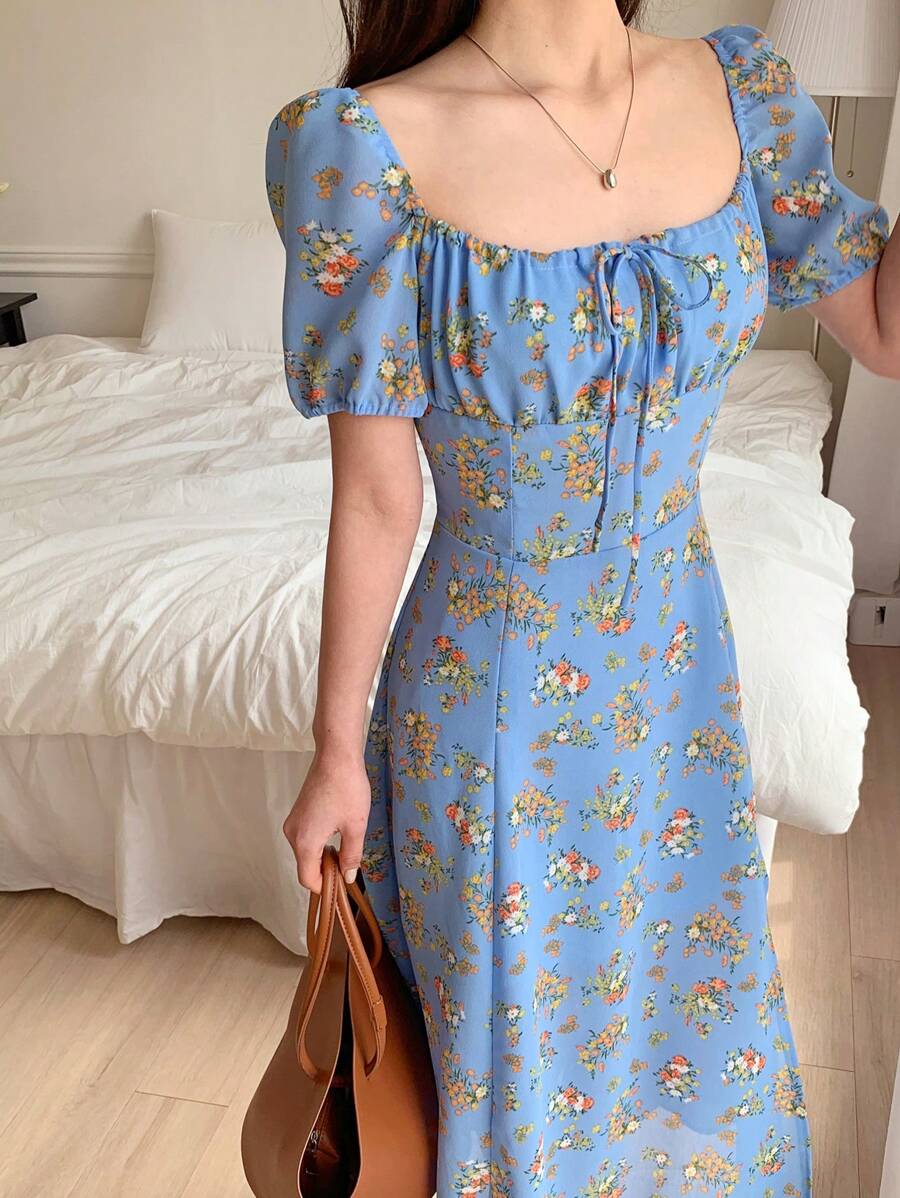 DAZY Women's Square Neck Waist Cinched Short Sleeve Split Midi Dress