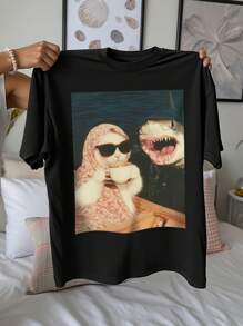 Women's Casual Relaxed Fit Funny Graphic Tees Including: Cat Shark, Vintage Coffee Cat, Cartoon Cat On Boat, Carefree Cat, And Surreal Ocean Humor Designs, Simple Round Neck Short Sleeve For Summer, For Birthday - Black - View 1