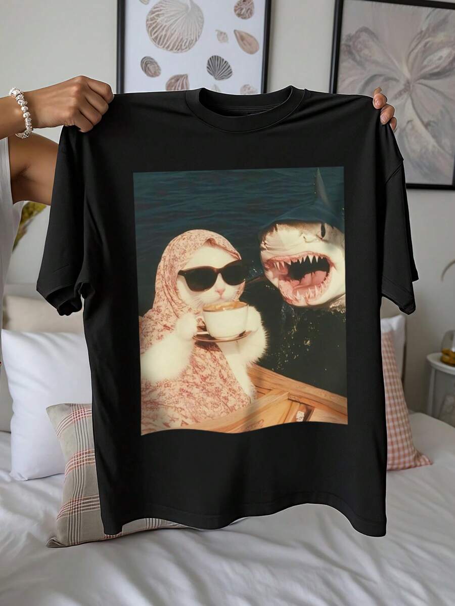 Women's Casual Relaxed Fit Funny Graphic Tees Including: Cat Shark, Vintage Coffee Cat, Cartoon Cat On Boat, Carefree Cat, And Surreal Ocean Humor Designs, Simple Round Neck Short Sleeve For Summer, For Birthday - Black - View 1