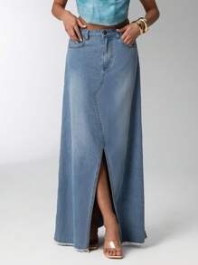 Aloruh Women's Casual Low-Waist Bodycon Front Slit Mermaid Hem Denim Maxi Skirt, Night Out - Light Wash - View 5