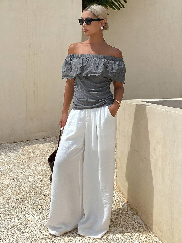 Women's Contrast Lace Off-Shoulder Slim Fit Casual Vacation Summer Top,Off Shoulder Top