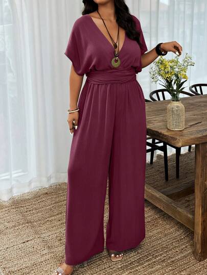 SHEIN Clasi Plus Size Women's Vacation Solid Deep V-Neck Batwing Short Sleeve Sexy Jumpsuit