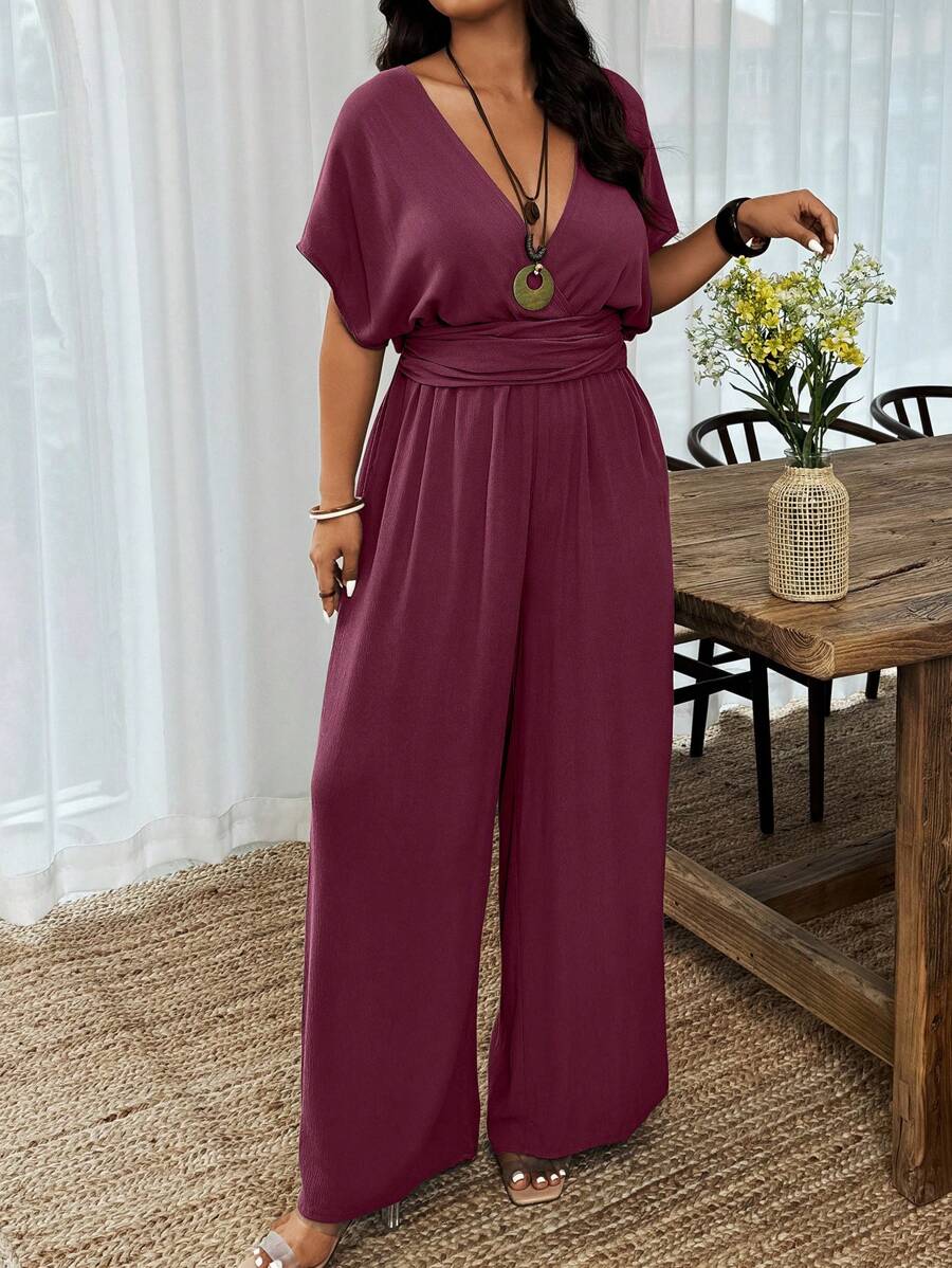 SHEIN Clasi Bộ đồ liền thân tay ngắn cánh dơi cổ chữ V sâu dành cho nữ cỡ lớn đi nghỉ mát gợi cảm - Màu đỏ tím - Xem 1