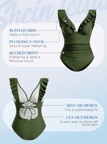 Swim Vcay 1 pieza Traje de baño de una pieza para mujer con escote en V profundo y volantes de un solo color, para vacaciones - Verde militar - Ver 2