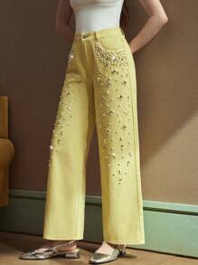 Selenza Women's Solid Color Fashionable Denim Jeans, Suitable For Summer Butter Yellow Jeans With Rhinestone - Yellow - View 8