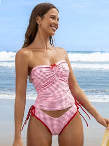 Swim Mod Women's Summer Plaid Random Print Spaghetti Strap Ruched Drawstring Bow-Knot High Cut Bikini Set - Multicolor - View 8