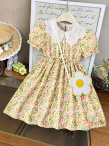 SHEIN Vestido con bolso con flores, mangas abullonadas, cuello bordado y cintura fruncida, con estampado floral pequeño, adecuado para uso casual y de vacaciones para niñas jóvenes
