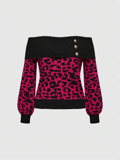 Kawaii Suéter de mujer con hombros descubiertos, estampado de leopardo patchwork, decoración de botones metálicos, estilo subcultura Harajuku Y2K