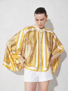 Aveloria Modichic Áo cánh tay dài dáng rộng thiết kế in họa tiết khối màu cổ điển giản dị dành cho người đi làm có viền giống khăn quàng cổ, phong cách kỳ nghỉ - Màu vàng - Xem 4