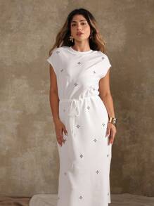 Roveilla 大码女式纯色编织雪纺圆领落肩抽绳腰部开衩下摆中长款优雅浪漫连衣裙 - 白色 - 查看 1