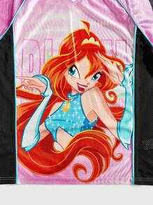 ROMWE MEN Winx Club X ROMWE Men's Casual Cartoon Pattern Colorblock V-Neck Short Sleeve T-Shirt, 2000s Style - Pink - View 5