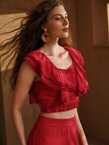 MOTF PREMIUM 亚麻对比蕾丝衬衫 - 紅色 - 查看 5