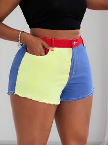Slaydiva Plus Size Women Cowgirl Colorblock Elastic Waist Denim Shorts, Fashionable Summer For Women Festival Color Block Design Mini Shorts Casual - Multicolor - View 6