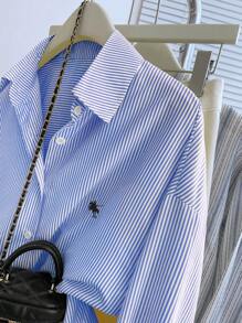 INAWLY 大码女式休闲 T 恤，落肩长袖单排扣条纹设计 - 藍色 - 查看 4