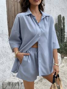 DAZY 女士日常穿着两件套亚麻家居服套装 - 藍色 - 查看 5