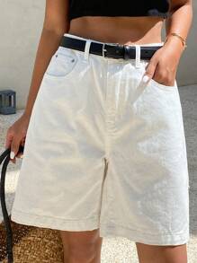 DAZY 女士宽松休闲牛仔七分短裤夏季牛仔短裤 - 白色 - 查看 1