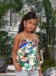 Top canotta casual da ragazza con fiori piccoli e motivo intrecciato, adatto per le vacanze