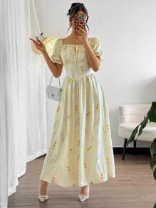 Modelyn Square Neck Digital Print Puff Sleeve Waistline Flared Hem Long Dress For Women - Multicolor - View 8