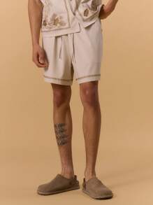 Musero Elasticated Waist Embroidered Hem Shorts Linen Look Spring, Summer, Holiday, Vacation, - Multicolor - View 2