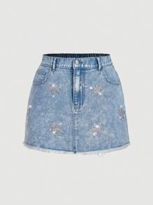 SHEIN MOD 大码休闲水洗星星亮片牛仔裙，女式修身牛仔裙，星星图案，夏季，宽松牛仔裙，春假，女牛仔，音乐会，狂欢节，圣帕特里克节，狂欢，辣妹，闪亮星星牛仔裙，女士裙子，海滩，女牛仔，牛仔裙 - 淺色水洗藍 - 查看 5
