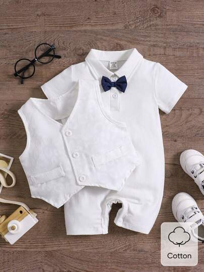 SHEIN Baby Boy Woven Seersucker Embroidered Romper Shortall, Birthday Party Gentleman Outfit