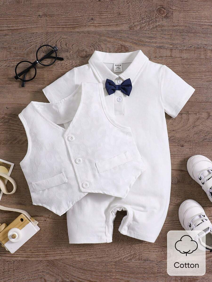 SHEIN Baby Boy Woven Seersucker Embroidered Romper Shortall, Birthday Party Gentleman Outfit