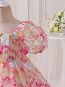 SHEIN Váy dệt tay bồng cổ viền hoa 3D cho bé gái - Hồng - Xem 6