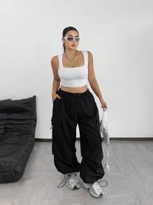 Flirla Plus Size Drawstring Pocket Loose Fit Daily Casual Black Cargo Pants Fall Cloth For Women
